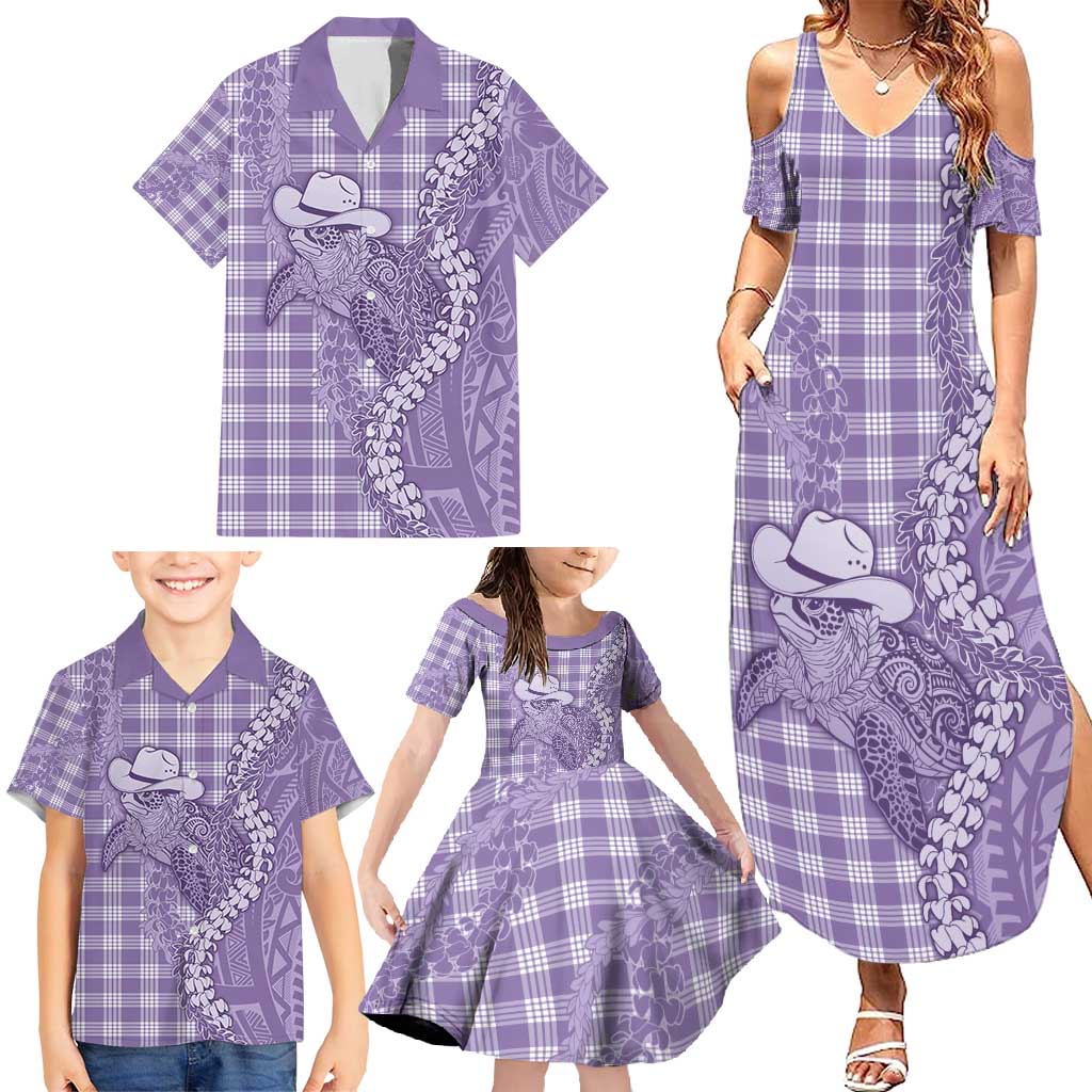 Purple Hawaii Palaka Cowboy Turtle Family Matching Summer Maxi Dress and Hawaiian Shirt Hawaiian Paniolo Puakenikeni Maile Lei - Polynesian Pride