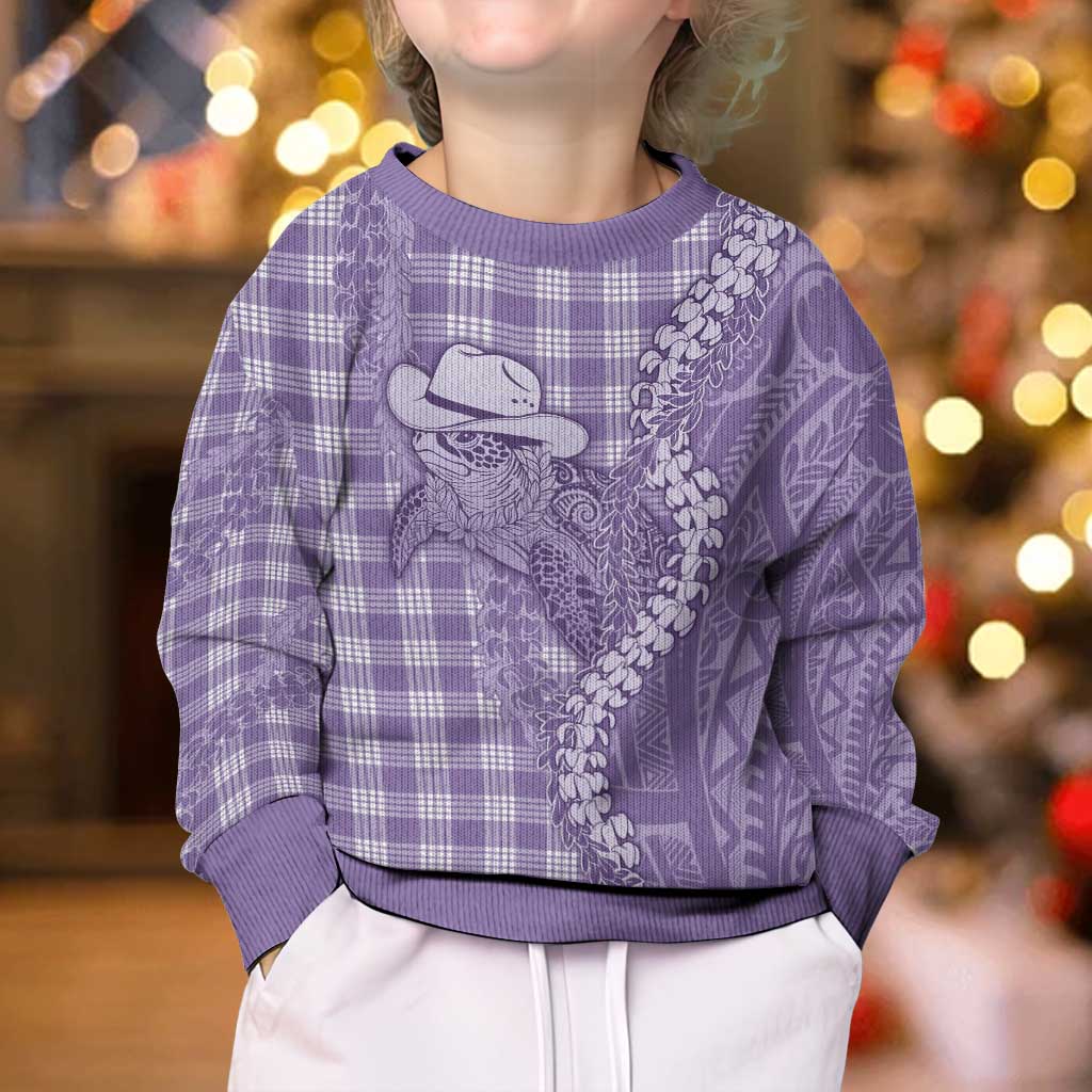 Purple Hawaii Palaka Cowboy Turtle Kid Ugly Christmas Sweater Hawaiian Paniolo Puakenikeni Maile Lei - Polynesian Pride