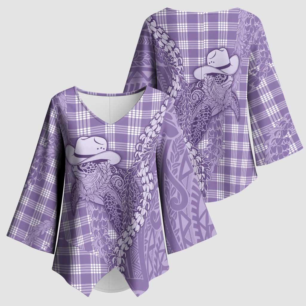 Purple Hawaii Palaka Cowboy Turtle Kimono Sleeve Blouse Hawaiian Paniolo Puakenikeni Maile Lei - Polynesian Pride