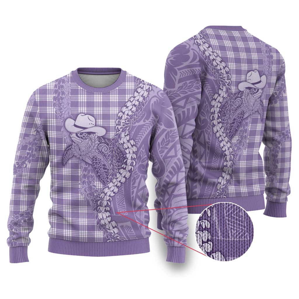 Purple Hawaii Palaka Cowboy Turtle Ugly Christmas Sweater Hawaiian Paniolo Puakenikeni Maile Lei - Polynesian Pride