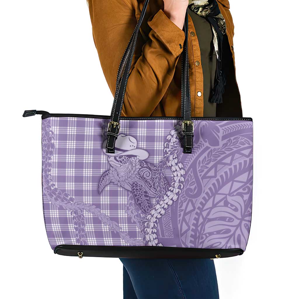 Purple Hawaii Palaka Cowboy Turtle Leather Tote Bag Hawaiian Paniolo Puakenikeni Maile Lei - Polynesian Pride