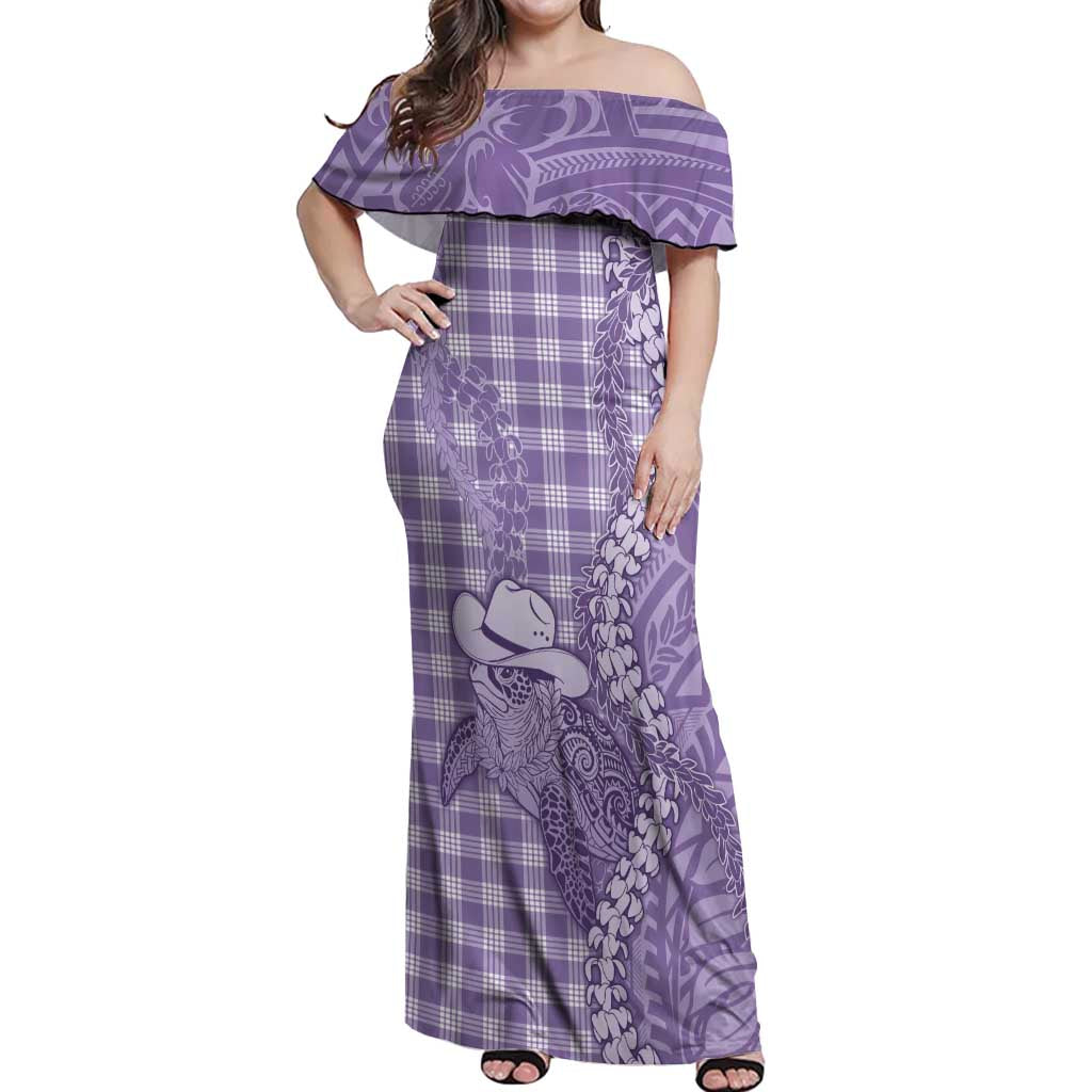 Purple Hawaii Palaka Cowboy Turtle Off Shoulder Maxi Dress Hawaiian Paniolo Puakenikeni Maile Lei - Polynesian Pride