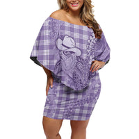 Purple Hawaii Palaka Cowboy Turtle Off Shoulder Short Dress Hawaiian Paniolo Puakenikeni Maile Lei - Polynesian Pride