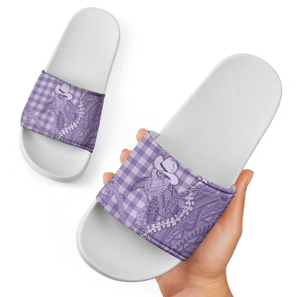 Purple Hawaii Palaka Cowboy Turtle Slide Sandals Hawaiian Paniolo Puakenikeni Maile Lei - Polynesian Pride