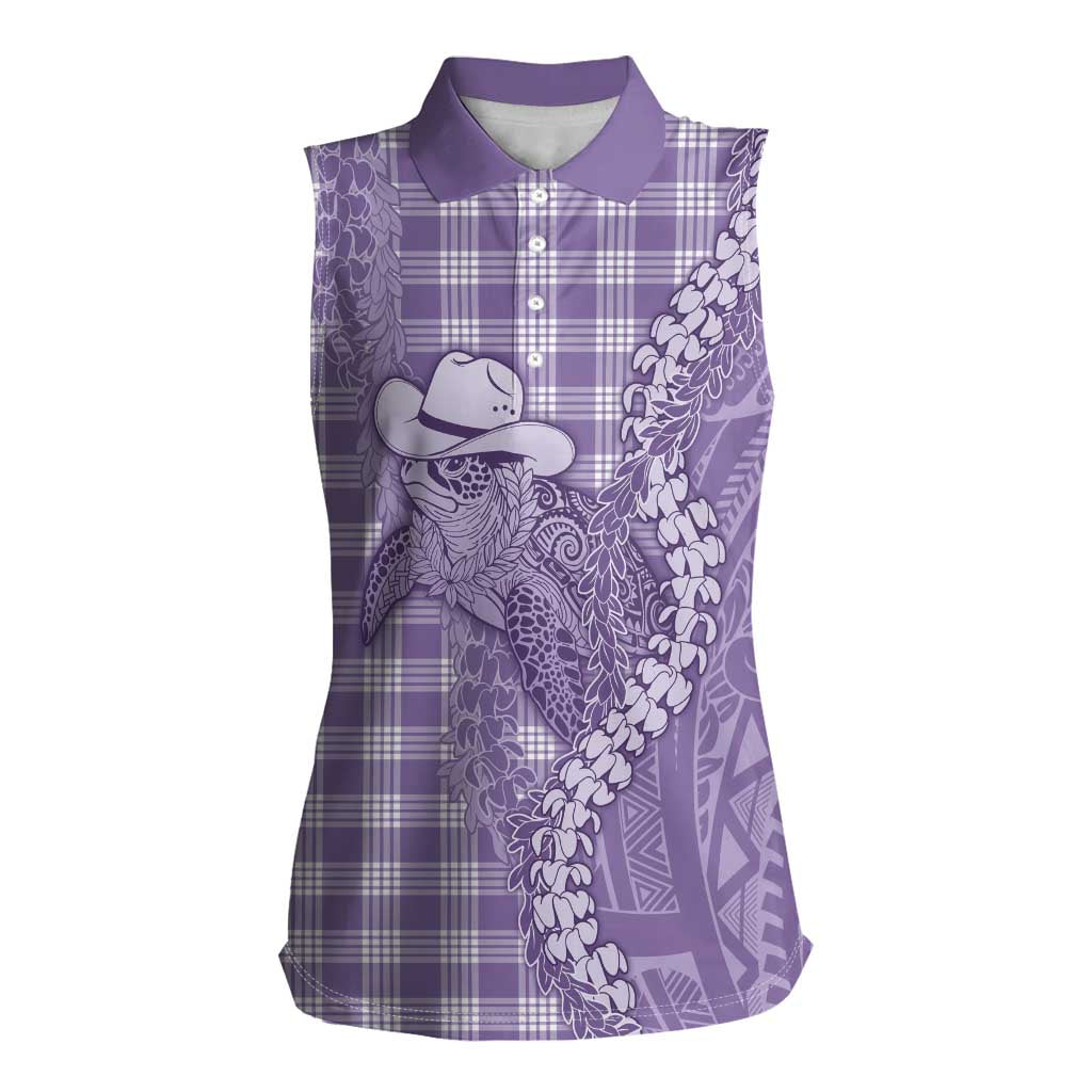 Purple Hawaii Palaka Cowboy Turtle Women Sleeveless Polo Shirt Hawaiian Paniolo Puakenikeni Maile Lei - Polynesian Pride