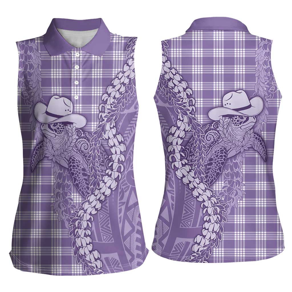 Purple Hawaii Palaka Cowboy Turtle Women Sleeveless Polo Shirt Hawaiian Paniolo Puakenikeni Maile Lei - Polynesian Pride