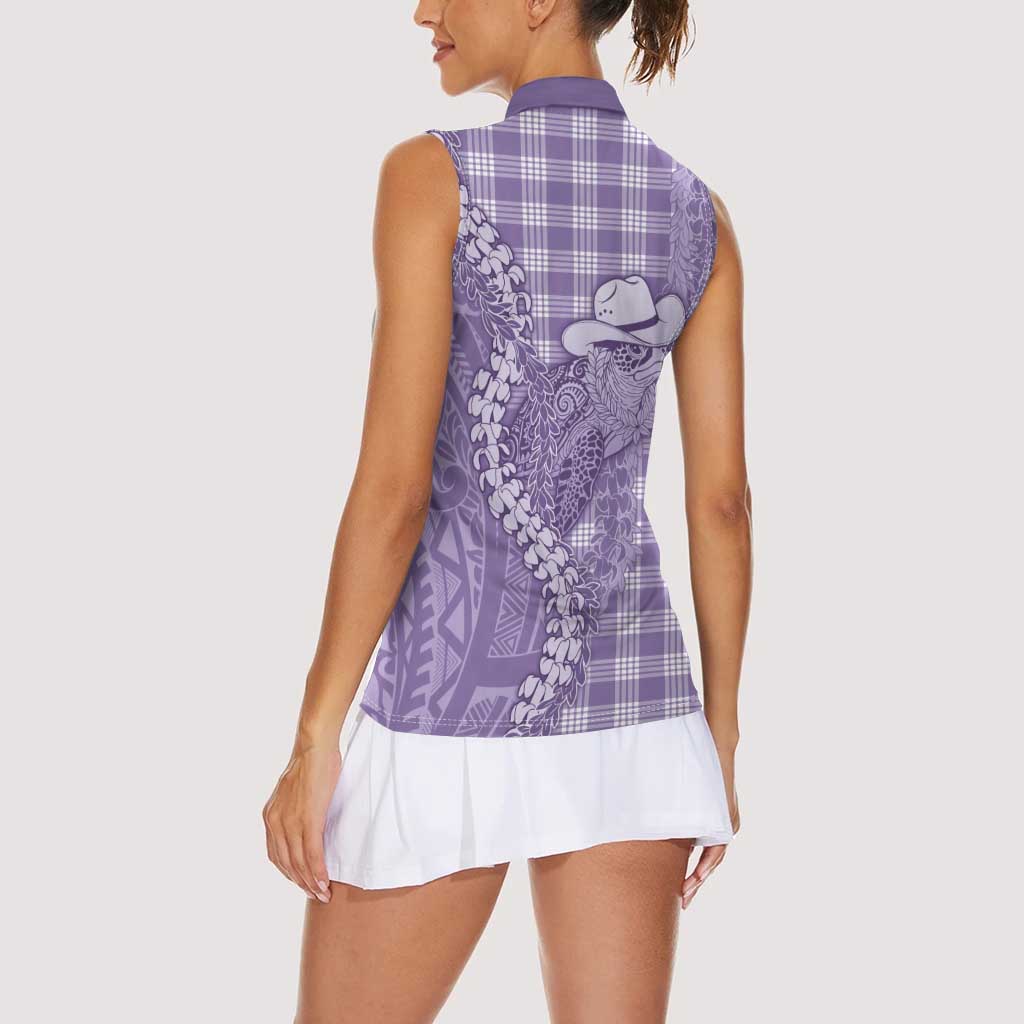 Purple Hawaii Palaka Cowboy Turtle Women Sleeveless Polo Shirt Hawaiian Paniolo Puakenikeni Maile Lei - Polynesian Pride