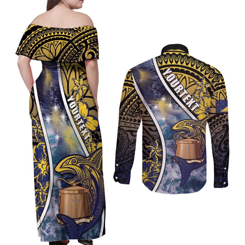 Personalised Tokelau Couples Matching Off Shoulder Maxi Dress and Long Sleeve Button Shirt National Badge Waves Style