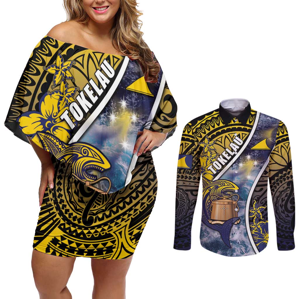 Personalised Tokelau Couples Matching Off Shoulder Short Dress and Long Sleeve Button Shirt National Badge Waves Style