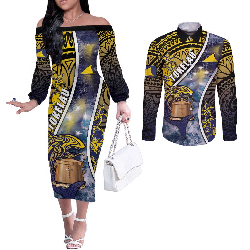 Personalised Tokelau Couples Matching Off The Shoulder Long Sleeve Dress and Long Sleeve Button Shirt National Badge Waves Style
