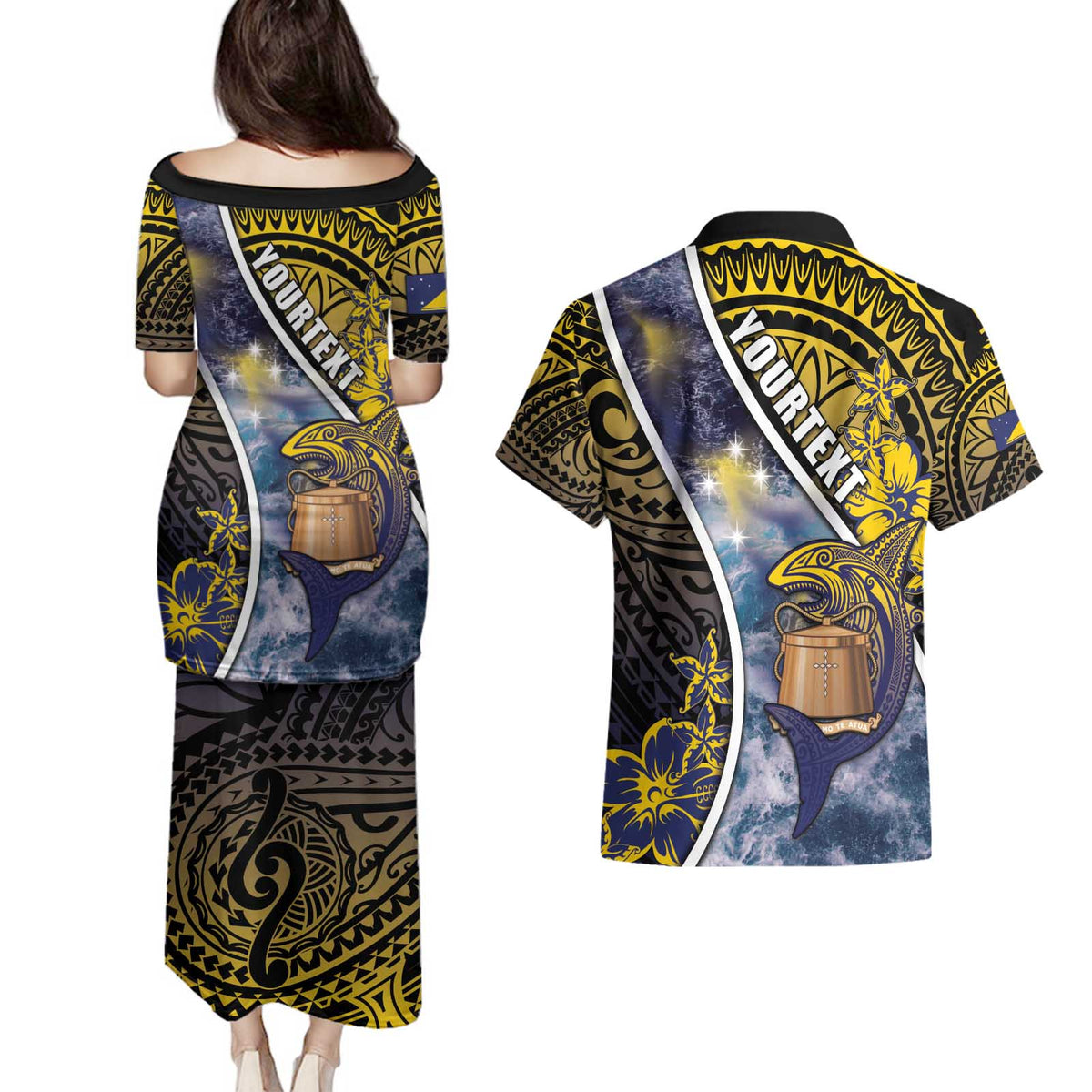 Personalised Tokelau Couples Matching Puletasi and Hawaiian Shirt National Badge Waves Style