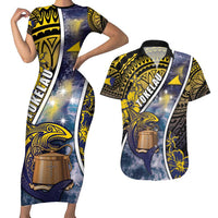 Personalised Tokelau Couples Matching Short Sleeve Bodycon Dress and Hawaiian Shirt National Badge Waves Style