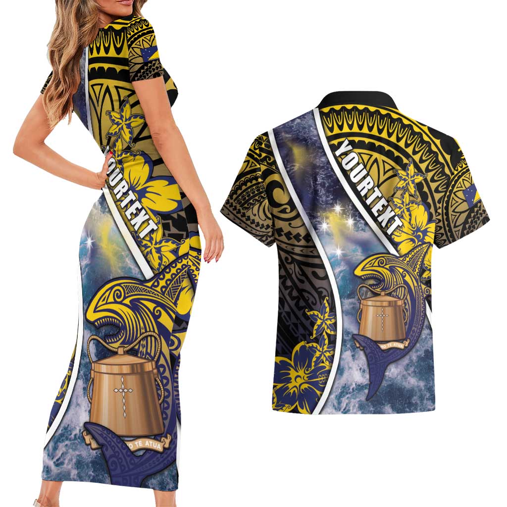 Personalised Tokelau Couples Matching Short Sleeve Bodycon Dress and Hawaiian Shirt National Badge Waves Style