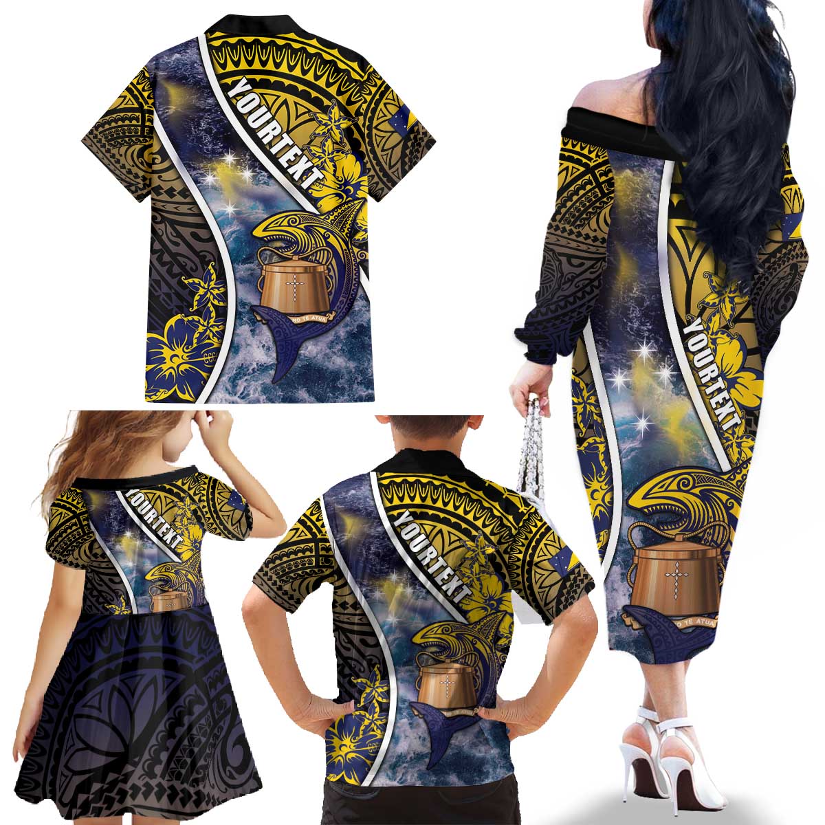 Personalised Tokelau Family Matching Off The Shoulder Long Sleeve Dress and Hawaiian Shirt National Badge Waves Style