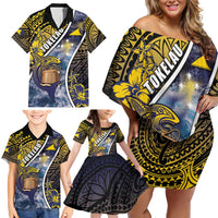 Personalised Tokelau Family Matching Off Shoulder Short Dress and Hawaiian Shirt National Badge Waves Style