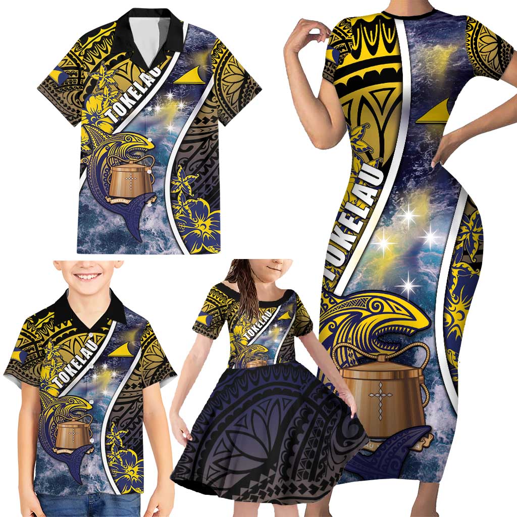 Personalised Tokelau Family Matching Short Sleeve Bodycon Dress and Hawaiian Shirt National Badge Waves Style