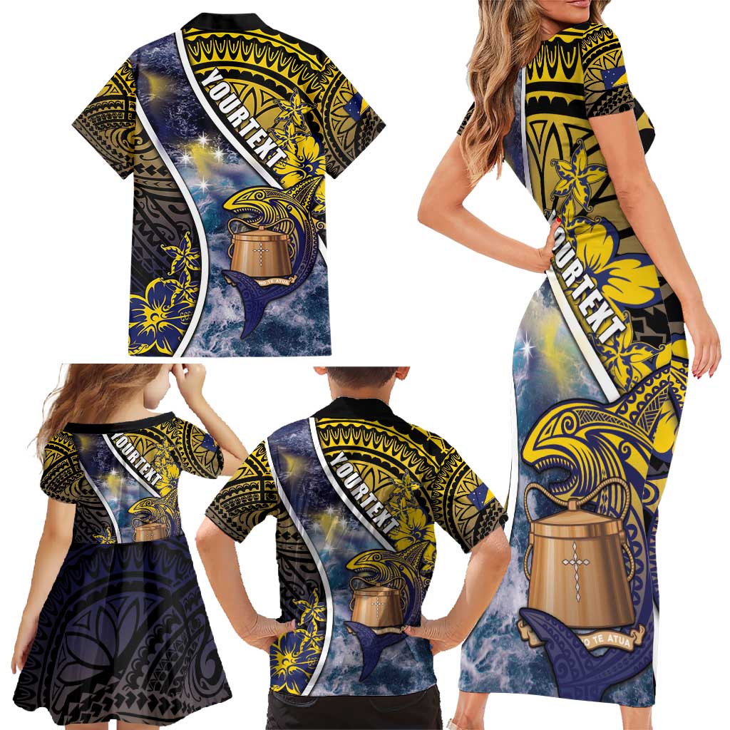 Personalised Tokelau Family Matching Short Sleeve Bodycon Dress and Hawaiian Shirt National Badge Waves Style
