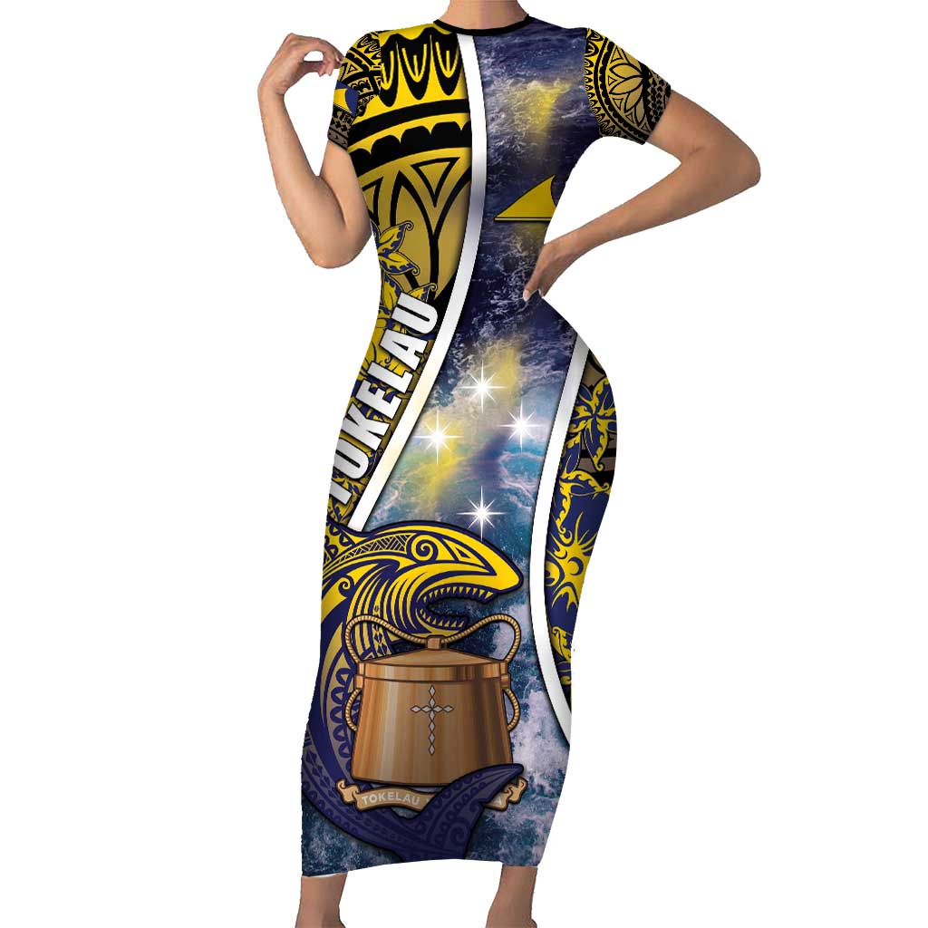 Personalised Tokelau Short Sleeve Bodycon Dress National Badge Waves Style