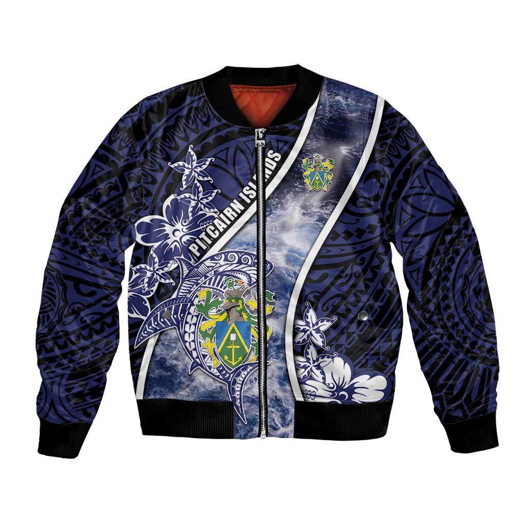 Personalised Pitcairn Islands Bomber Jacket Coat Of Arms Waves Style DT05 Unisex Navy - Polynesian Pride
