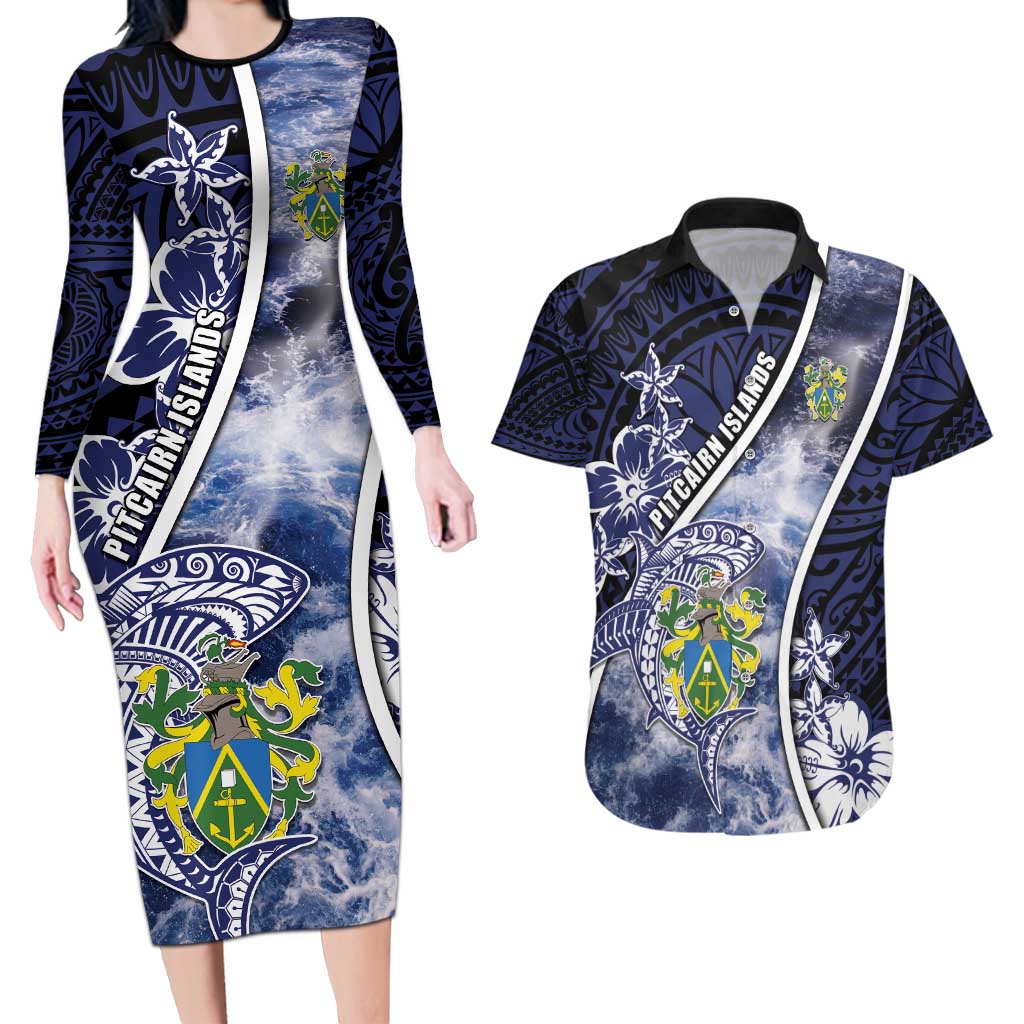 Personalised Pitcairn Islands Couples Matching Long Sleeve Bodycon Dress and Hawaiian Shirt Coat Of Arms Waves Style
