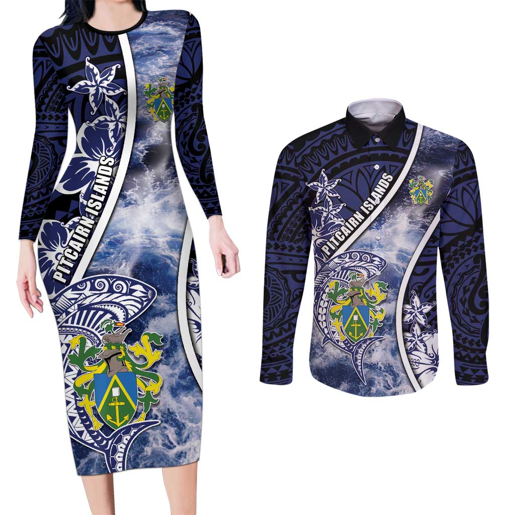 Personalised Pitcairn Islands Couples Matching Long Sleeve Bodycon Dress and Long Sleeve Button Shirt Coat Of Arms Waves Style