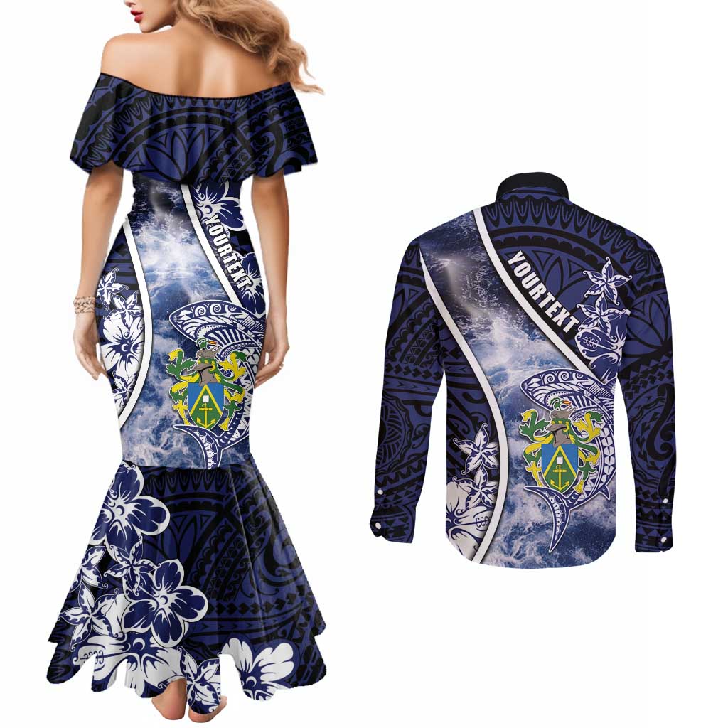 Personalised Pitcairn Islands Couples Matching Mermaid Dress and Long Sleeve Button Shirt Coat Of Arms Waves Style