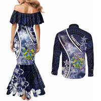 Personalised Pitcairn Islands Couples Matching Mermaid Dress and Long Sleeve Button Shirt Coat Of Arms Waves Style
