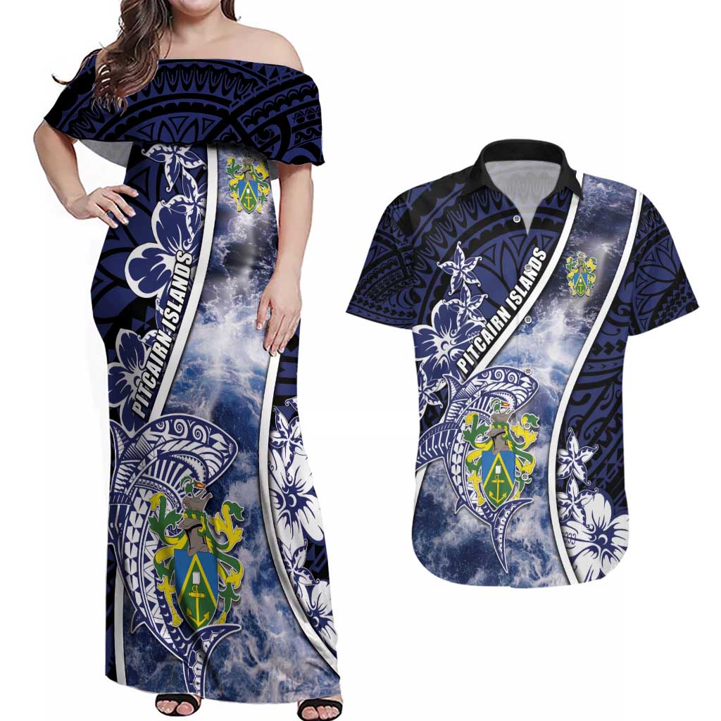 Personalised Pitcairn Islands Couples Matching Off Shoulder Maxi Dress and Hawaiian Shirt Coat Of Arms Waves Style