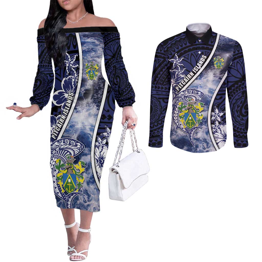 Personalised Pitcairn Islands Couples Matching Off The Shoulder Long Sleeve Dress and Long Sleeve Button Shirt Coat Of Arms Waves Style