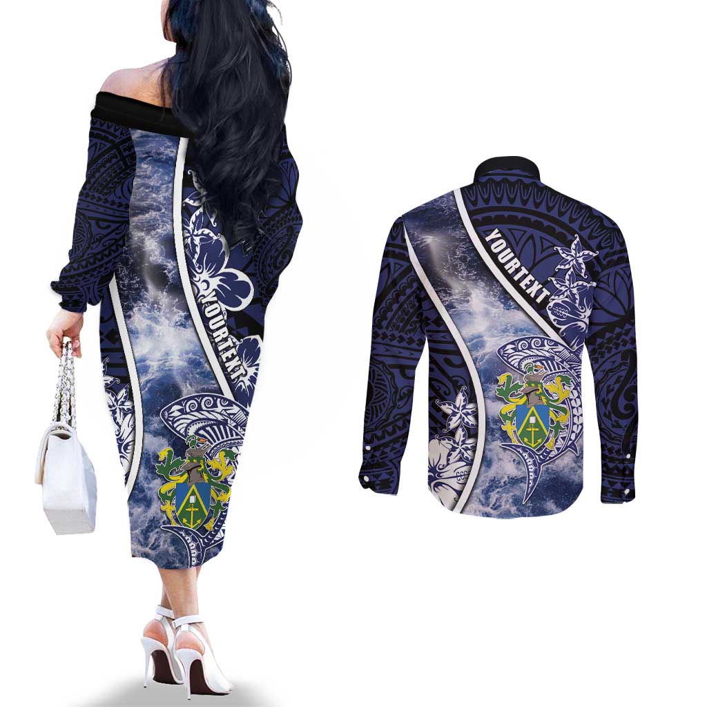 Personalised Pitcairn Islands Couples Matching Off The Shoulder Long Sleeve Dress and Long Sleeve Button Shirt Coat Of Arms Waves Style