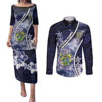 Personalised Pitcairn Islands Couples Matching Puletasi and Long Sleeve Button Shirt Coat Of Arms Waves Style DT05 Navy - Polynesian Pride