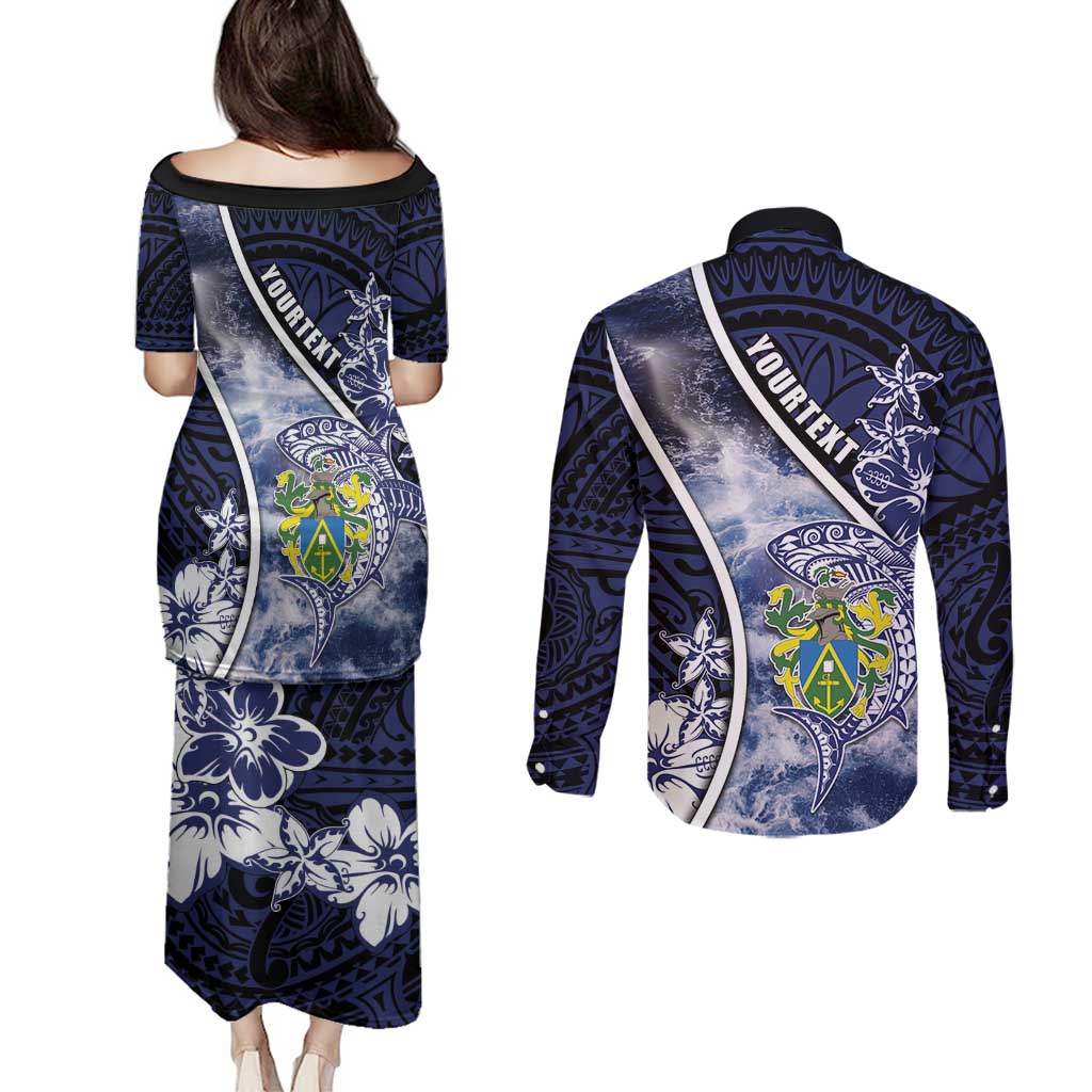 Personalised Pitcairn Islands Couples Matching Puletasi and Long Sleeve Button Shirt Coat Of Arms Waves Style DT05 - Polynesian Pride