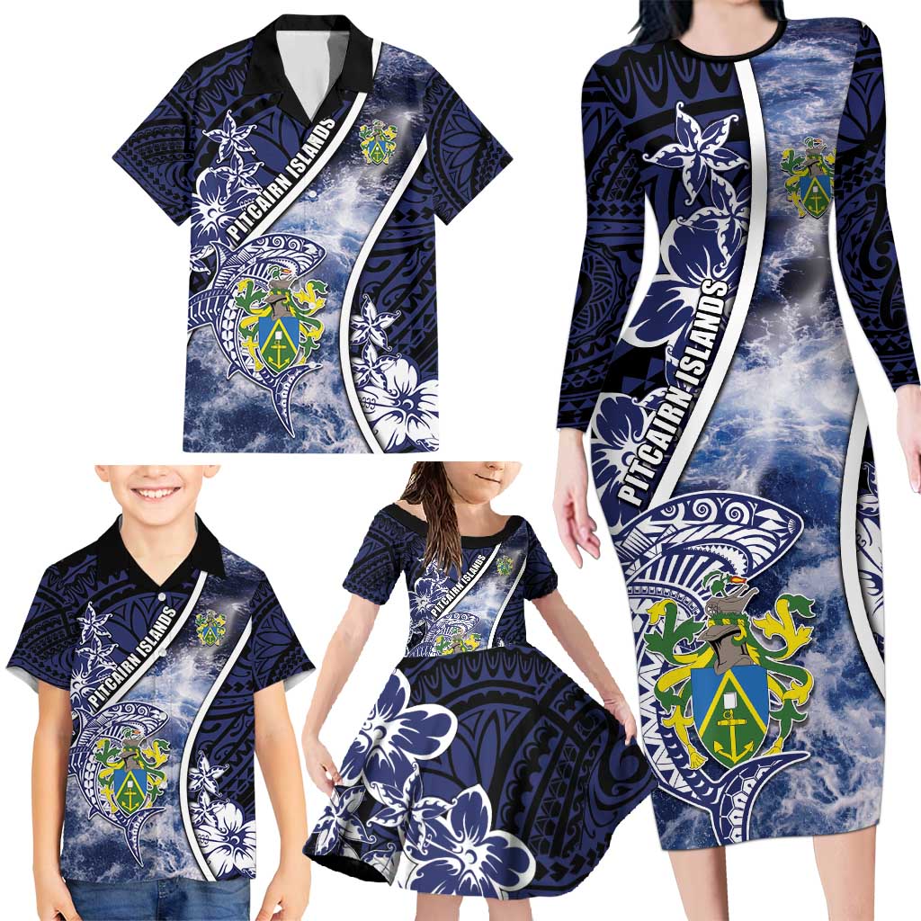 Personalised Pitcairn Islands Family Matching Long Sleeve Bodycon Dress and Hawaiian Shirt Coat Of Arms Waves Style