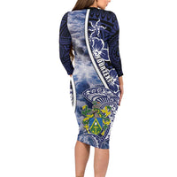 Personalised Pitcairn Islands Family Matching Long Sleeve Bodycon Dress and Hawaiian Shirt Coat Of Arms Waves Style