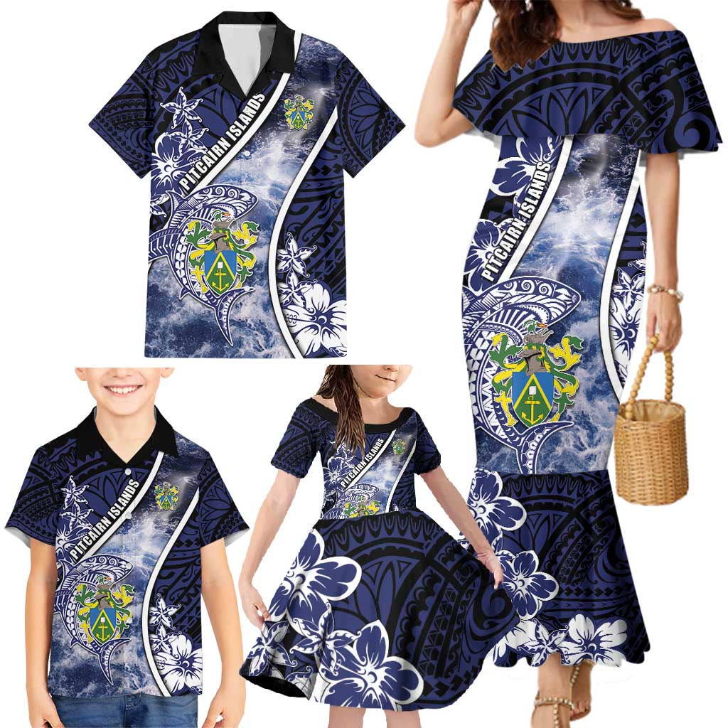 Personalised Pitcairn Islands Family Matching Mermaid Dress and Hawaiian Shirt Coat Of Arms Waves Style