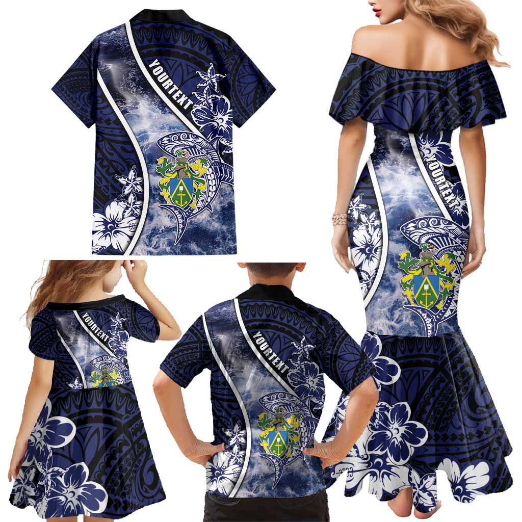 Personalised Pitcairn Islands Family Matching Mermaid Dress and Hawaiian Shirt Coat Of Arms Waves Style
