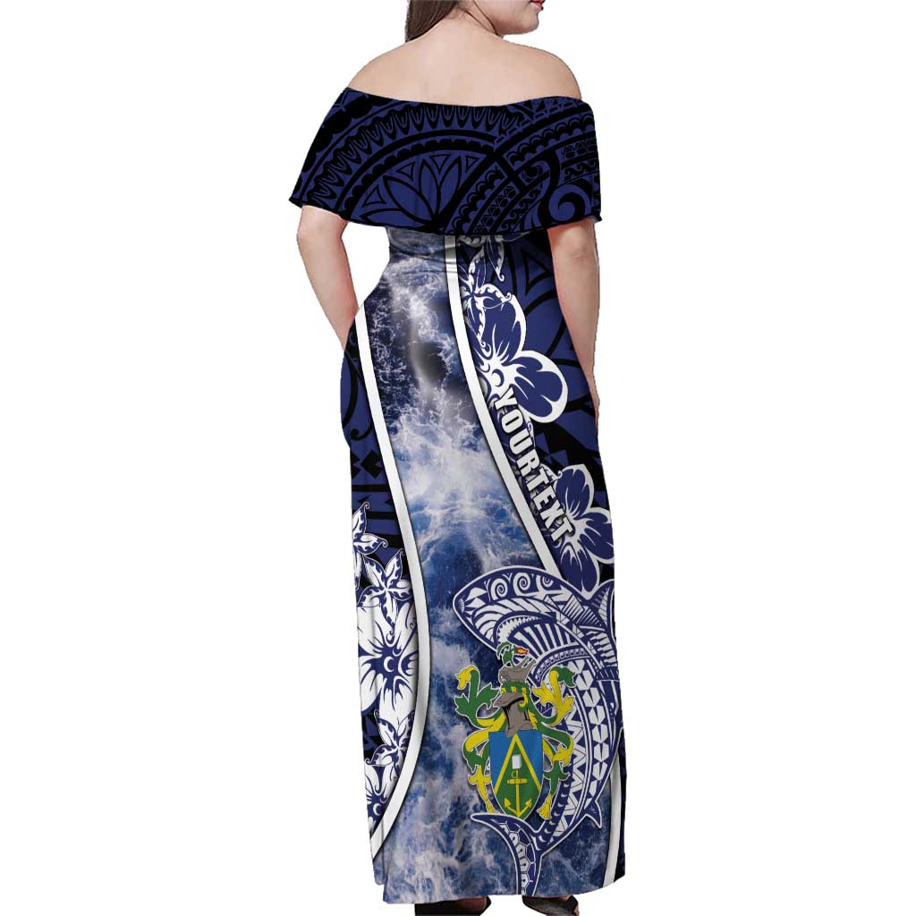 Personalised Pitcairn Islands Family Matching Off Shoulder Maxi Dress and Hawaiian Shirt Coat Of Arms Waves Style