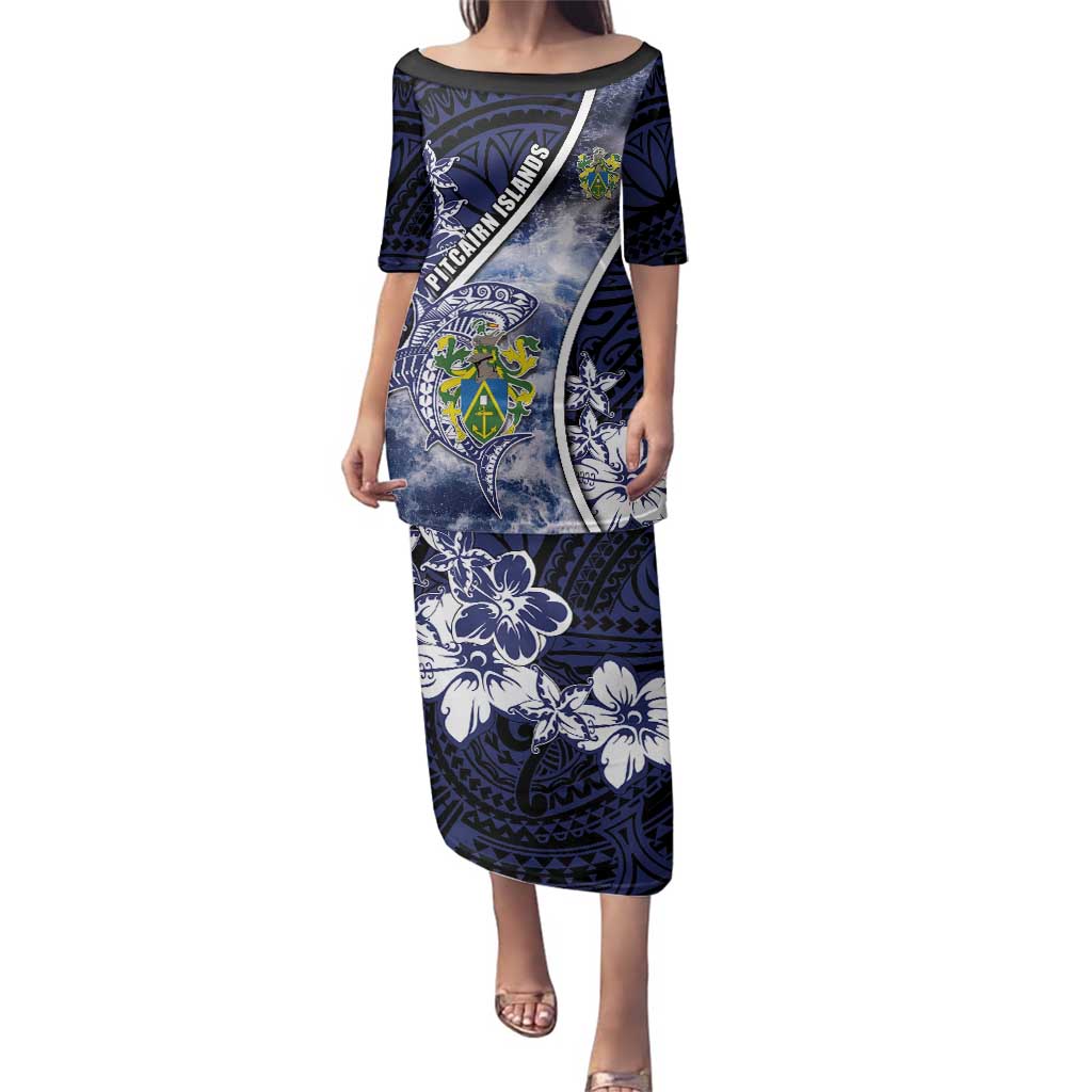 Personalised Pitcairn Islands Family Matching Puletasi and Hawaiian Shirt Coat Of Arms Waves Style