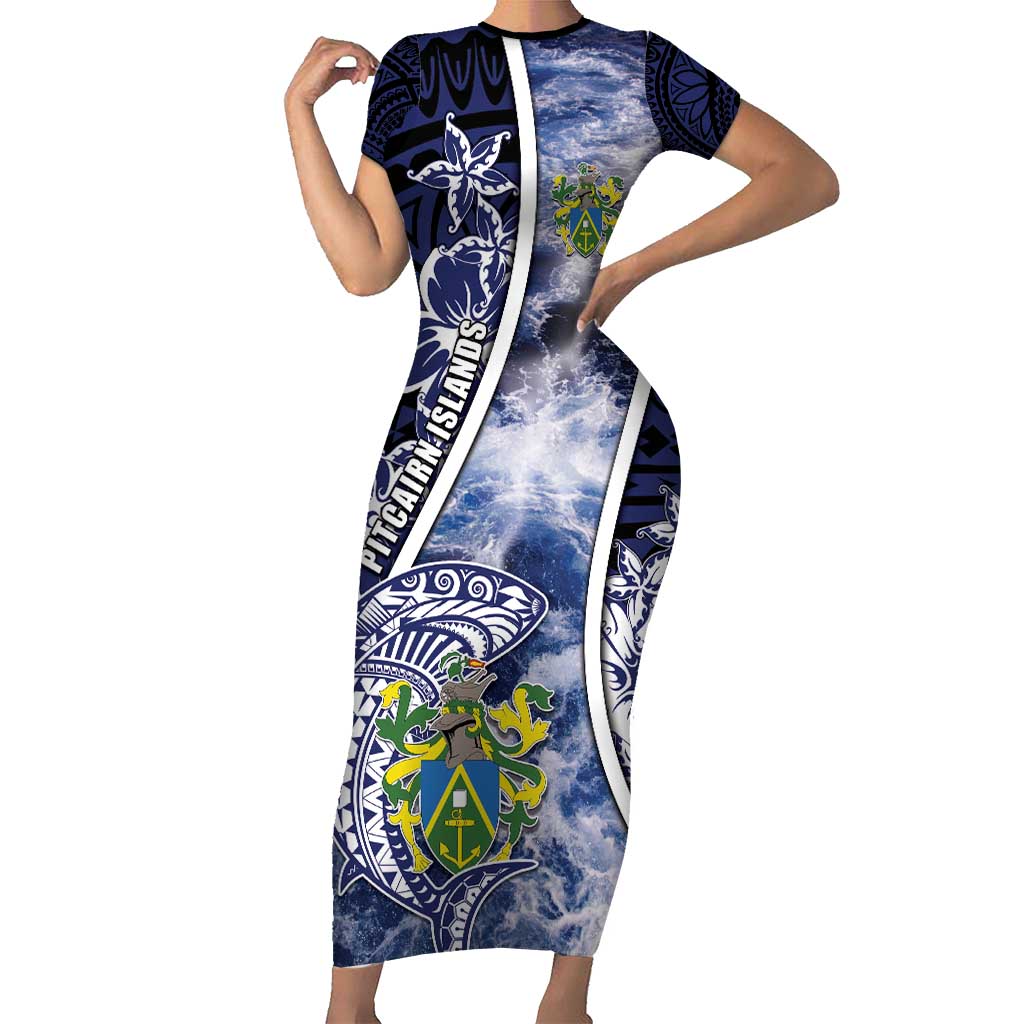 Personalised Pitcairn Islands Family Matching Short Sleeve Bodycon Dress and Hawaiian Shirt Coat Of Arms Waves Style