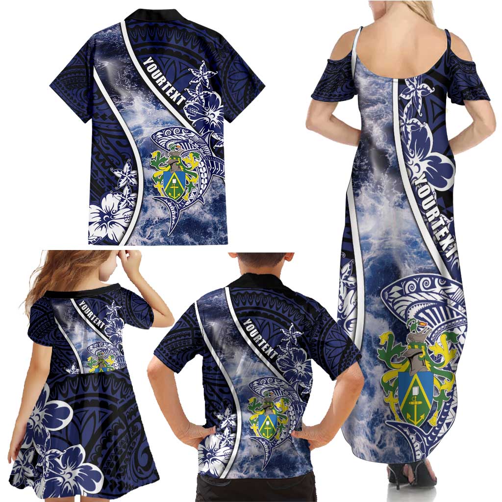 Personalised Pitcairn Islands Family Matching Summer Maxi Dress and Hawaiian Shirt Coat Of Arms Waves Style