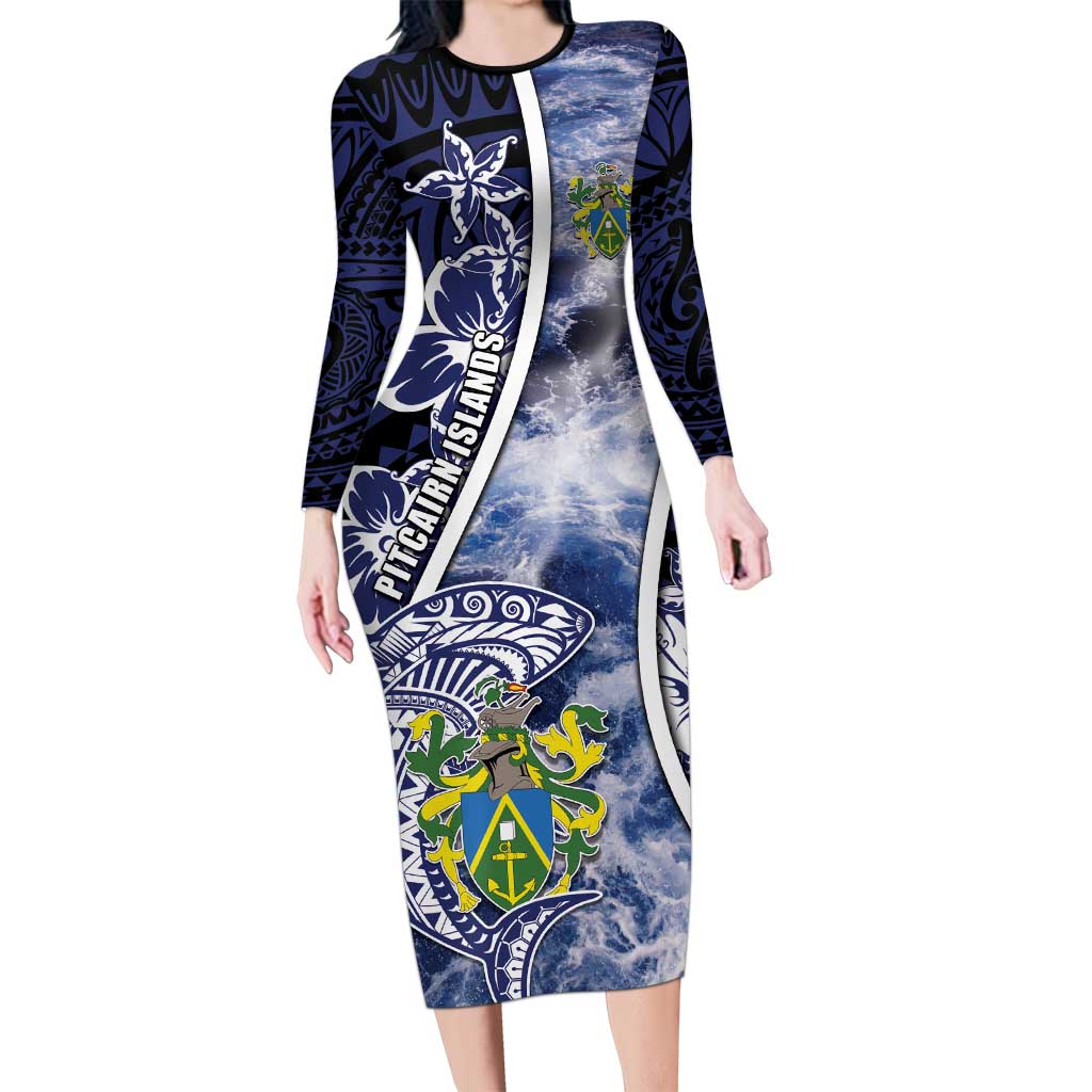Personalised Pitcairn Islands Long Sleeve Bodycon Dress Coat Of Arms Waves Style DT05 Long Dress Navy - Polynesian Pride