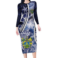 Personalised Pitcairn Islands Long Sleeve Bodycon Dress Coat Of Arms Waves Style DT05 Long Dress Navy - Polynesian Pride