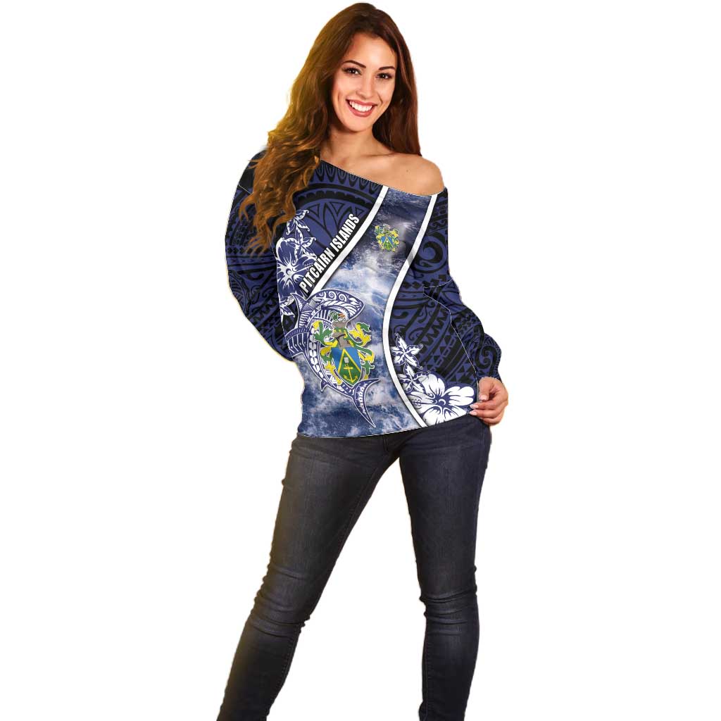 Personalised Pitcairn Islands Off Shoulder Sweater Coat Of Arms Waves Style DT05 - Polynesian Pride