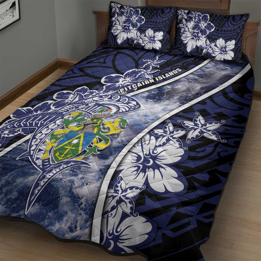 Pitcairn Islands Quilt Bed Set Coat Of Arms Waves Style