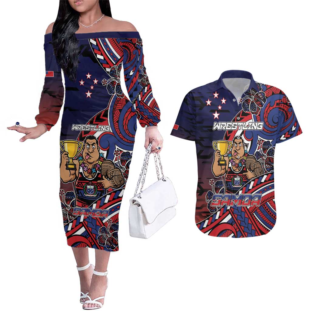 Personalised Samoa Wrestling Couples Matching Off The Shoulder Long Sleeve Dress and Hawaiian Shirt Polynesian Warrior Funny Style - Polynesian Pride