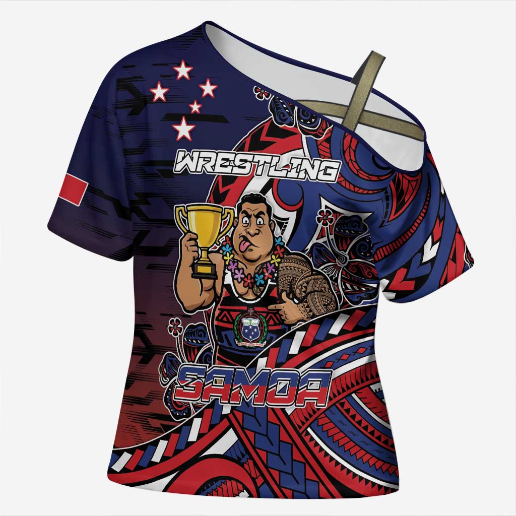 Personalised Samoa Wrestling Cross Shoulder Shirt Polynesian Warrior Funny Style - Polynesian Pride