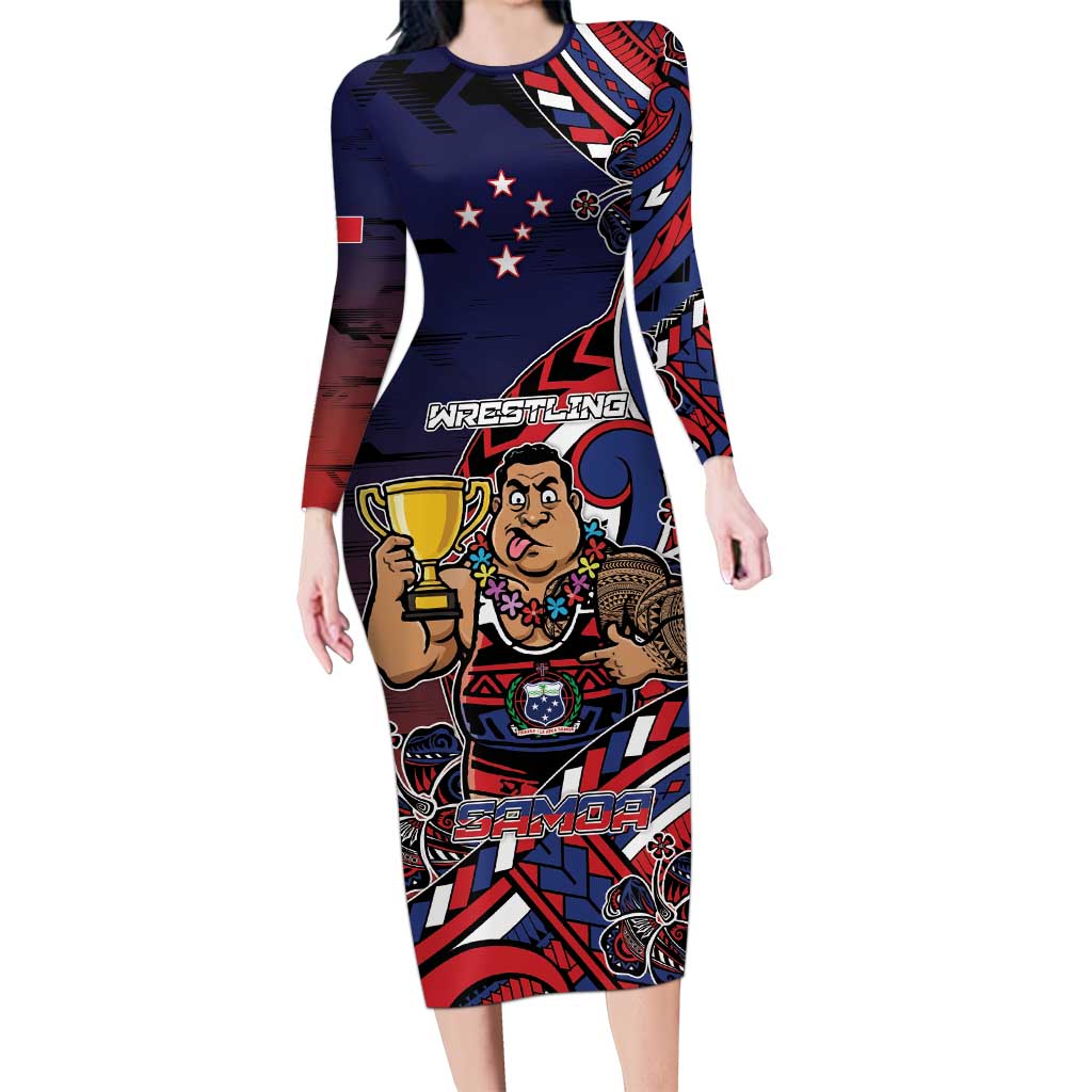 Personalised Samoa Wrestling Family Matching Long Sleeve Bodycon Dress and Hawaiian Shirt Polynesian Warrior Funny Style DT05 Mom's Dress Navy - Polynesian Pride