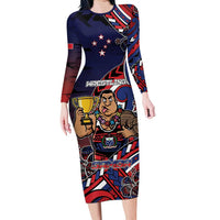 Personalised Samoa Wrestling Family Matching Long Sleeve Bodycon Dress and Hawaiian Shirt Polynesian Warrior Funny Style DT05 Mom's Dress Navy - Polynesian Pride