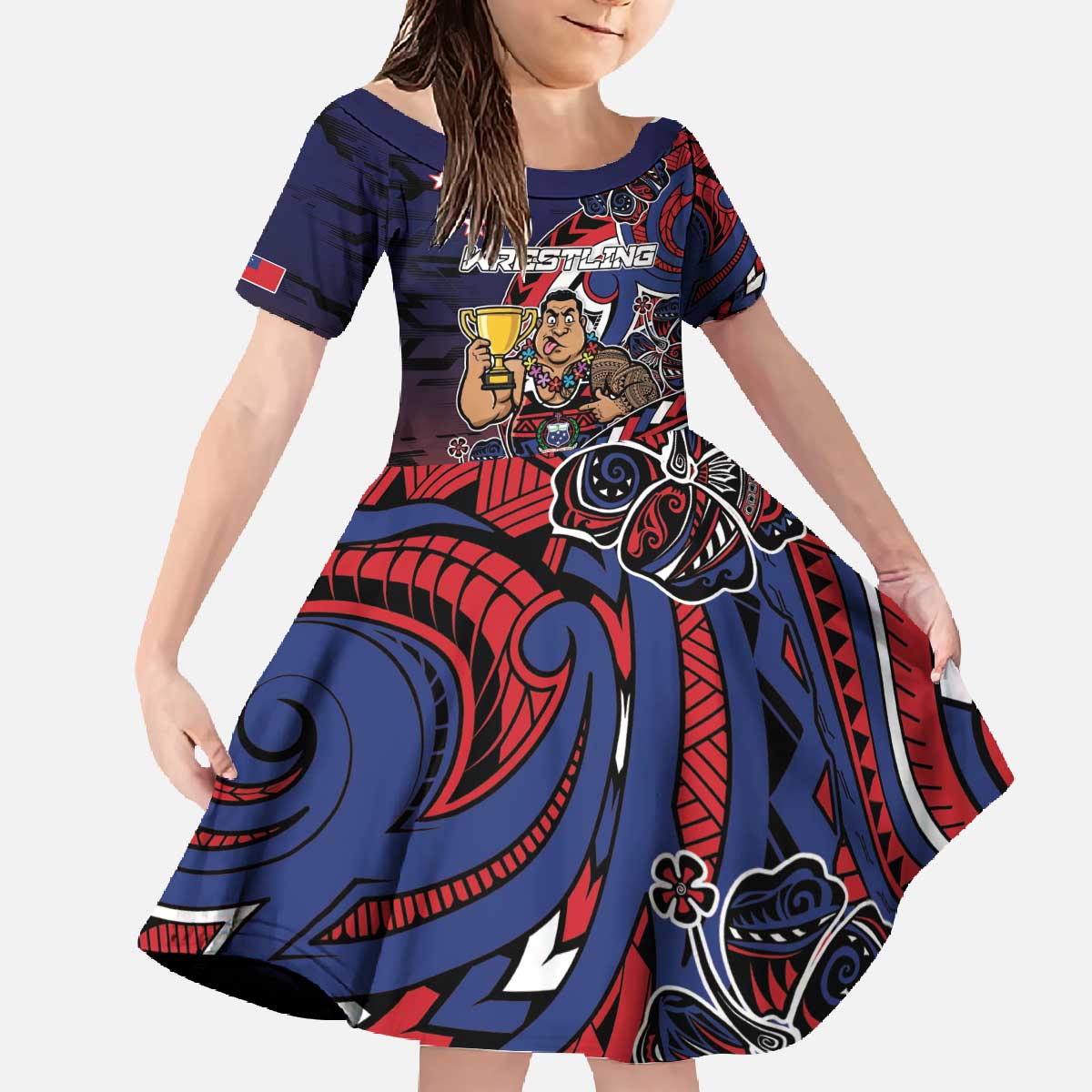 Personalised Samoa Wrestling Family Matching Off The Shoulder Long Sleeve Dress and Hawaiian Shirt Polynesian Warrior Funny Style DT05 Daughter's Dress Navy - Polynesian Pride