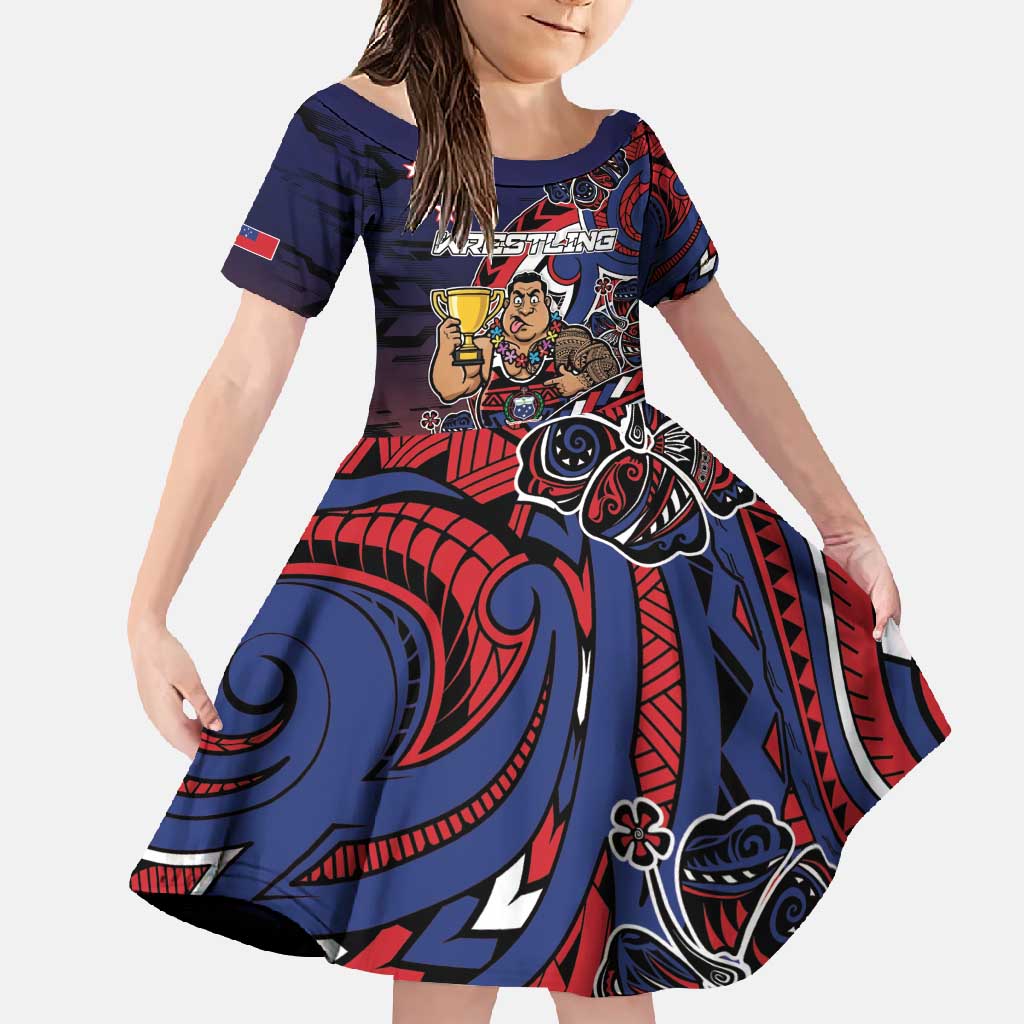 Personalised Samoa Wrestling Family Matching Off Shoulder Maxi Dress and Hawaiian Shirt Polynesian Warrior Funny Style DT05 Daughter's Dress Navy - Polynesian Pride